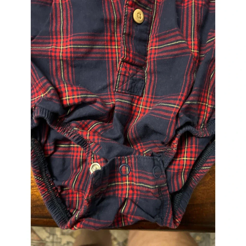 OshKosh Bgosh Baby Boys Navy Red Plaid Flannel Long Sleeve Bodysuit 18 Months